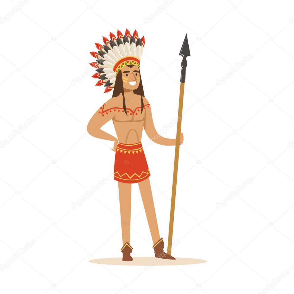 indian in traditional indian clothing with a spear 