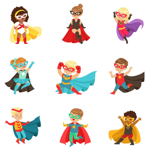 Superhéroe niñas y niños conjunto — Vector de stock