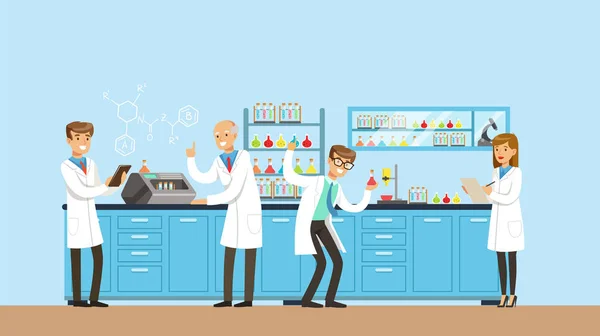 Scientists working research in chemical lab — Stock Vector