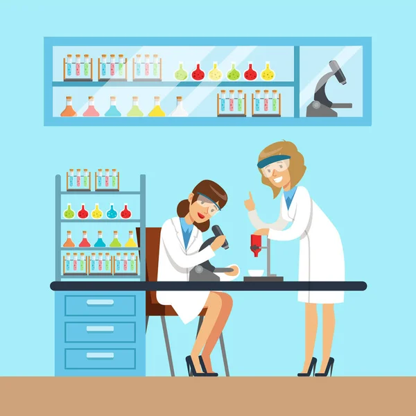 Chemists females testing chemical elements — Stock Vector