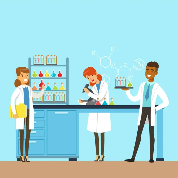 Scientists conducting research in a lab — Stock Vector