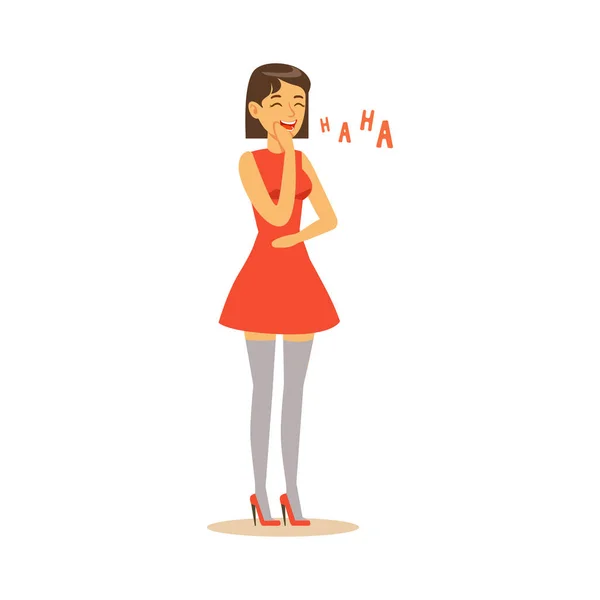 Woman in red dress laughing — Stock Vector