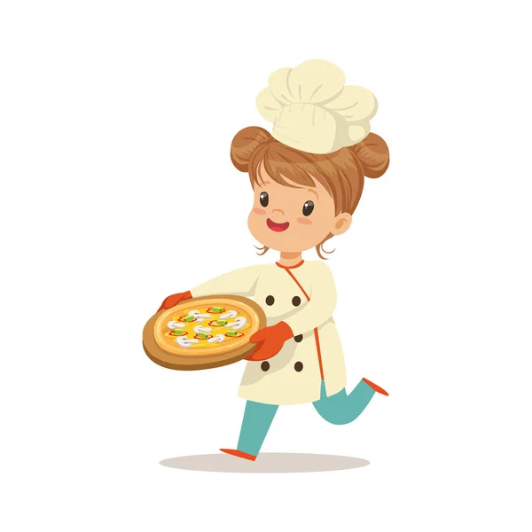 Chica corriendo con una pizza recién cocinada — Archivo Imágenes Vectoriales