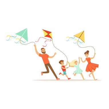 Eğleniyor iki çocuklu aile uçurtma uçan