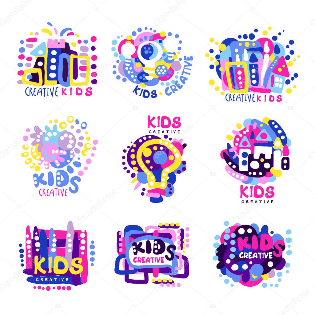 Creative kids set of colorful logo graphic templates, hand drawn vector Illustrations on a white background