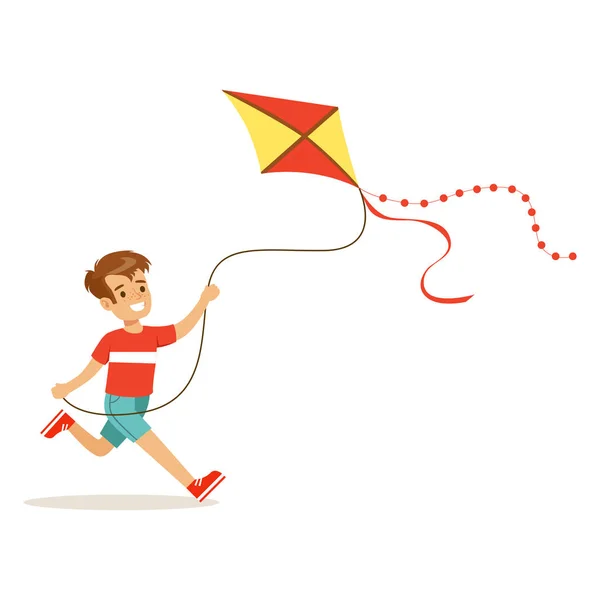 Gelukkige jongen genieten van vliegende kite — Stockvector
