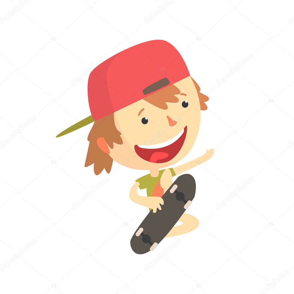 Cool smiling cartoon skateboarder boy