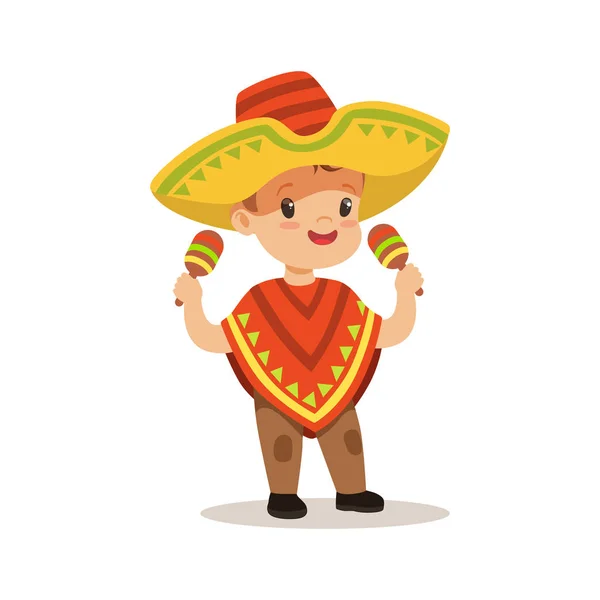 Garçon mignon portant poncho et sombrero — Image vectorielle