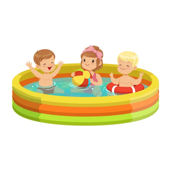 Niños que se divierten en la piscina inflable — Vector de stock