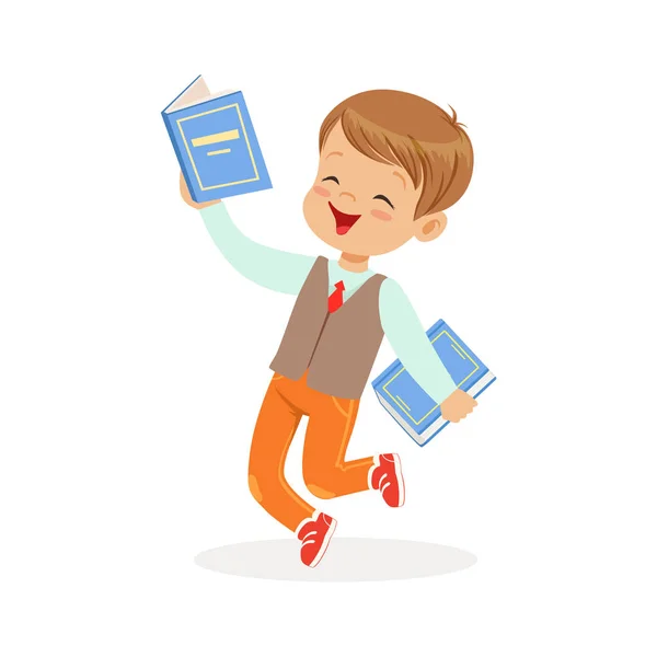 Ευτυχισμένο αγόρι τρέχει με βιβλία — Διανυσματικό Αρχείο