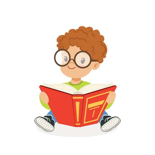 Niño con gafas leyendo un libro — Vector de stock