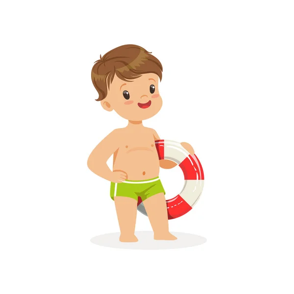Cute boy standing with lifebuoy — Stock Vector