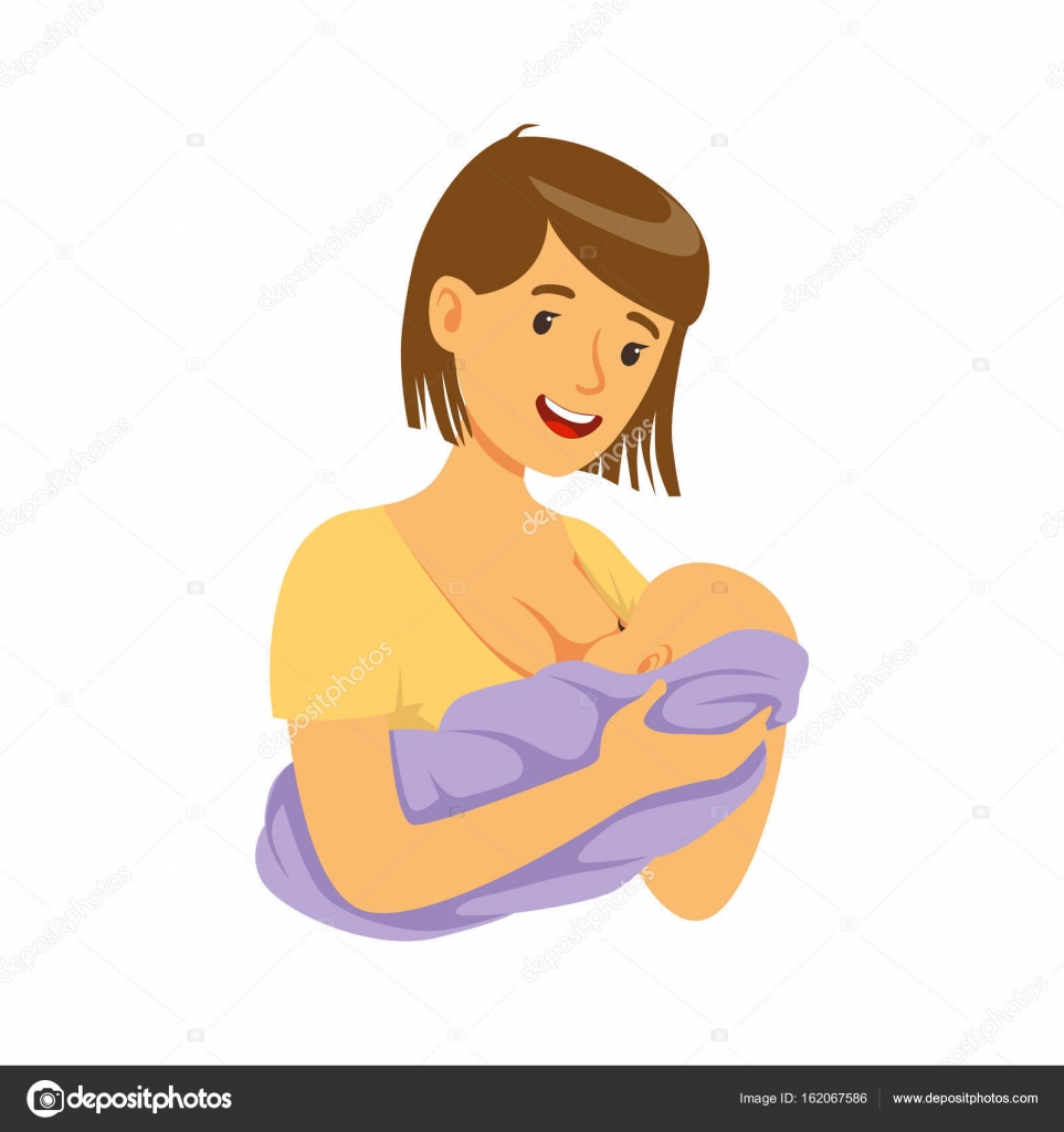 Giovane madre che tiene bambino in lei mani durante l allattamento con latte materno colorato vettoriale illustrazione su sfondo bianco — Vettoriali di