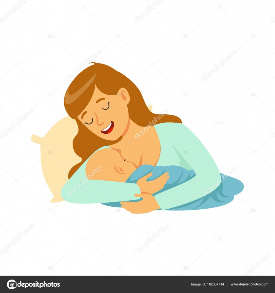 Giovane madre felice sdraiato nel letto e l allattamento al seno il bambino con latte materno colorato vettoriale illustrazione su sfondo bianco