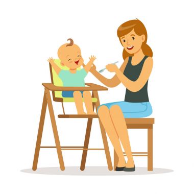 mother feeding her baby in highchair clipart