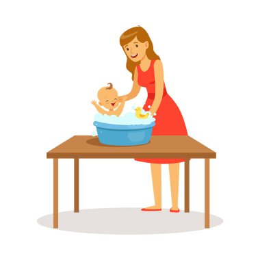 mother in red dress washing little baby clipart