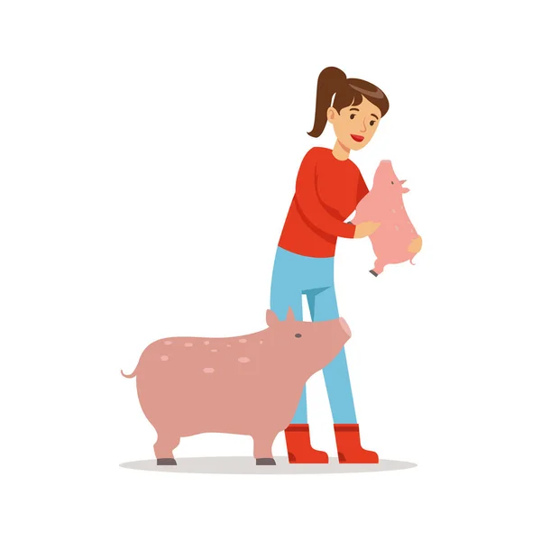 Farmer donna prendersi cura dei suoi maiali — Vettoriale Stock