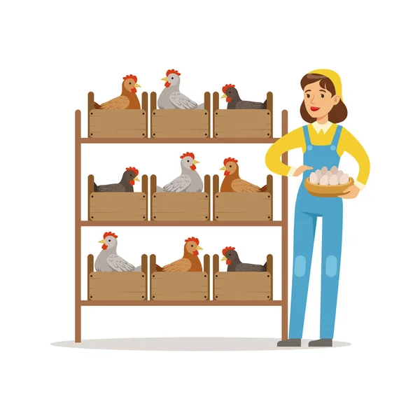 Mujer agricultora cuidando pollos — Vector de stock