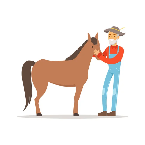 Un vieil agriculteur qui s'occupe de son cheval — Image vectorielle