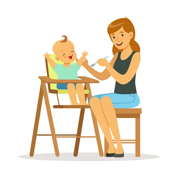 Мать кормит своего ребенка в высокий детский стульчик — стоковый вектор