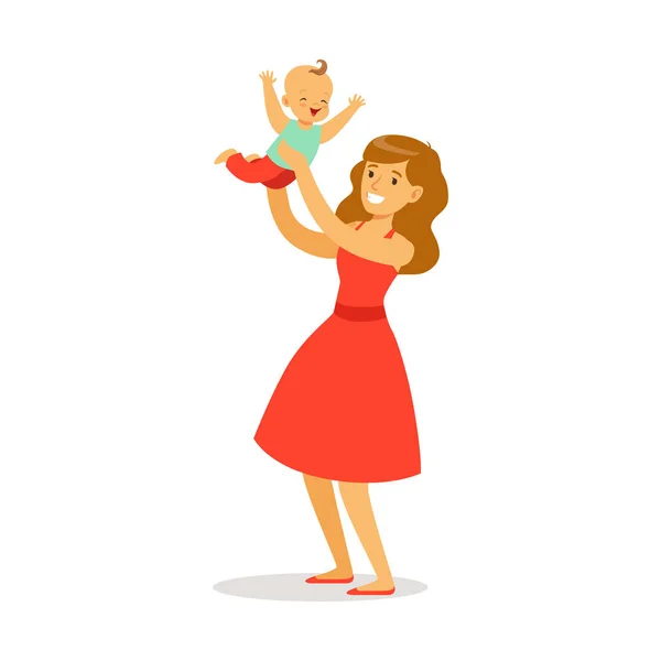 Mother in red dress with her adorable baby — Stock Vector