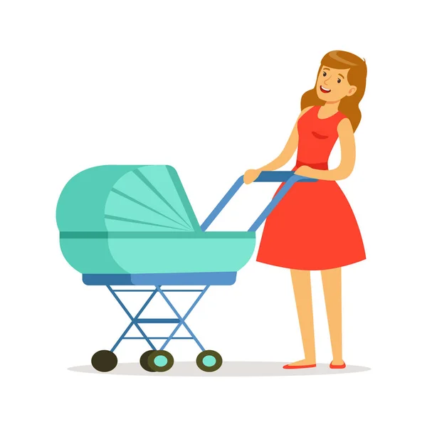 Madre con il suo bambino in una carrozzina blu — Vettoriale Stock
