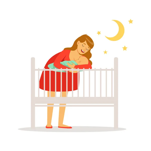 Mother putting her newborn baby to bed — Stock Illustration Mother putting her newborn baby to bed Stock Illustration