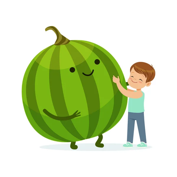 Junge hat Spaß mit frisch lächelnder Wassermelone — Stockvektor