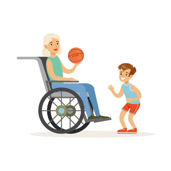 Niño jugando pelota con la abuela en una silla de ruedas — Archivo Imágenes Vectoriales