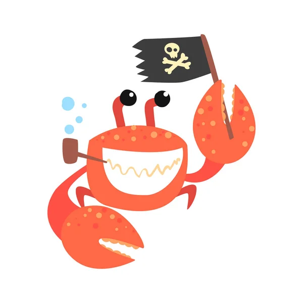 Crab pirate smoking pipe and holding black flag — Stock Vector