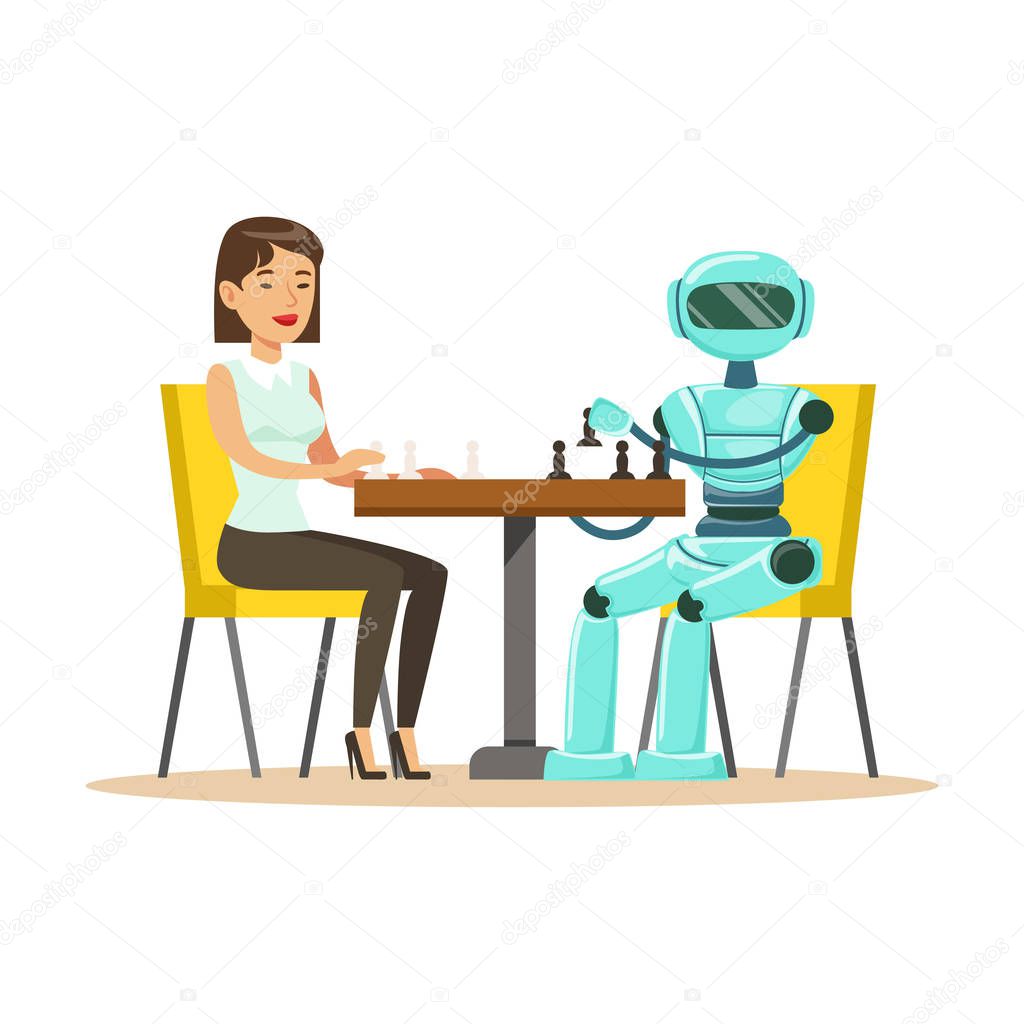 Businessman and robot playing chess  