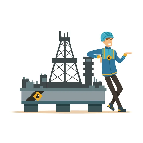 Oilman in piedi accanto alla piattaforma petrolifera — Vettoriale Stock