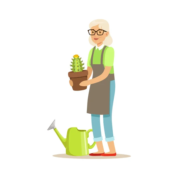 Senior vrouw aanplant cactus — Stockvector