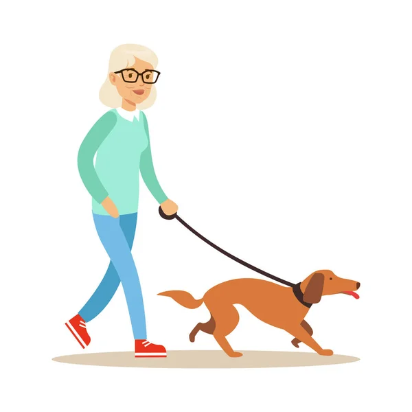 Senior kobieta spaceru z psem — Wektor stockowy