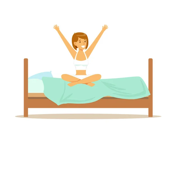 Sonriente personaje de mujer despertando — Vector de stock