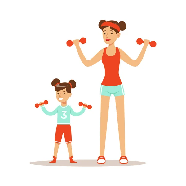 Mujer y niña sonrientes haciendo ejercicio — Vector de stock