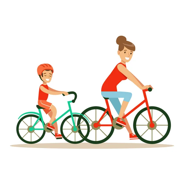 Mujer sonriente y niño montando bicicletas — Vector de stock