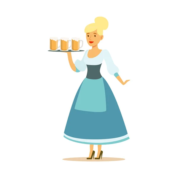 Waitress  holding beer mugs — Stock Vector