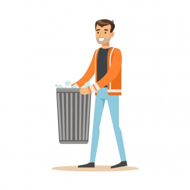 Gülümseyen adam çöp kutusu taşıma