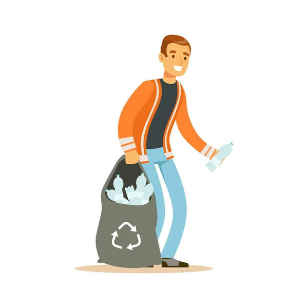 Sorrindo homem recolhendo lixo — Vetor de Stock