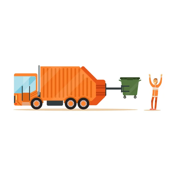 Εργαζόμενος φόρτωσης Κάδος Ανακύκλωσης σε φορτηγό — Διανυσματικό Αρχείο