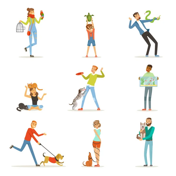 Happy people having fun with pets — Stock Vector