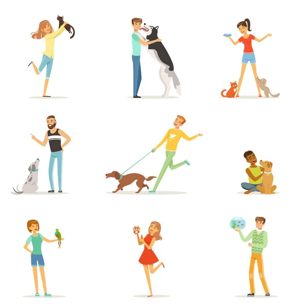 Gente feliz divirtiéndose con mascotas — Archivo Imágenes Vectoriales