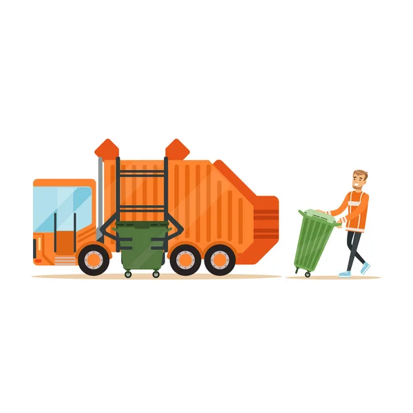 Truck driver loading bin into collector — Stock Vector