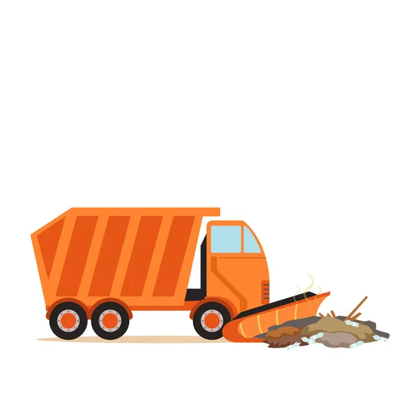 Orangefarbener Lastwagen pflügt Müll um — Stockvektor