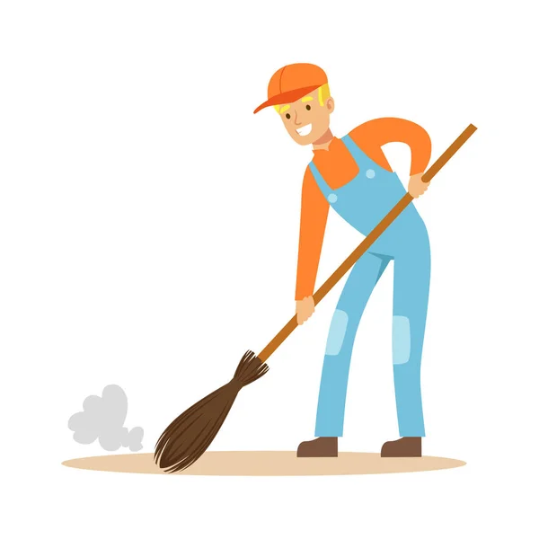 Smiling street sweeper at work — Stock Vector