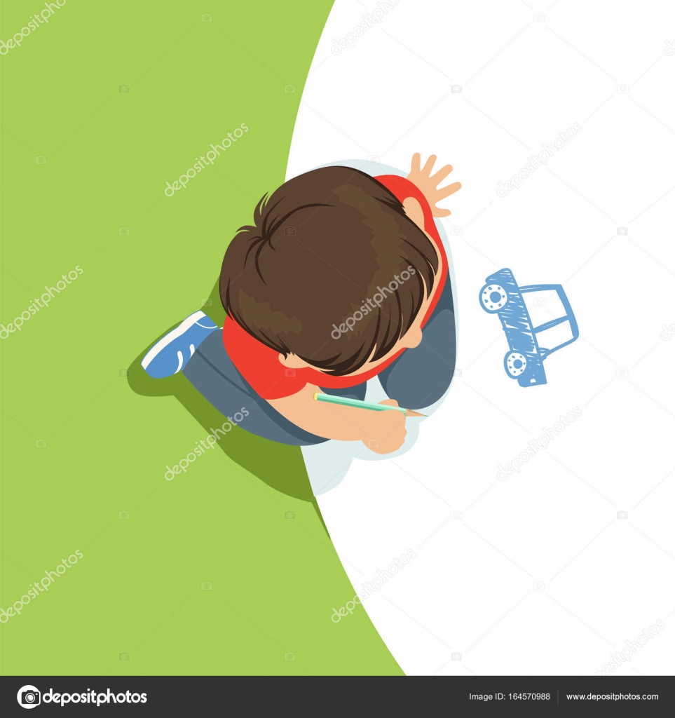 Ragazzino che si siede sulle sue ginocchia e una macchina usando la matita blu vista superiore del bambino sul vettore illustrazione del piano di disegno