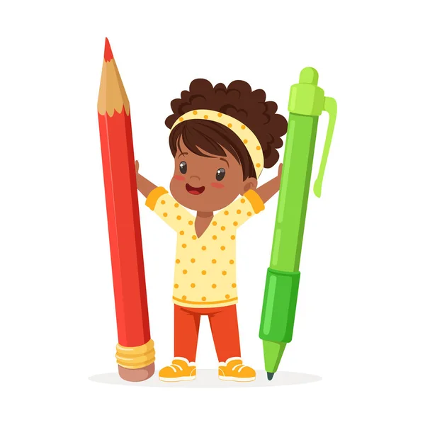Χαριτωμένο κορίτσι που κρατά το μολύβι και στυλό — Διανυσματικό Αρχείο