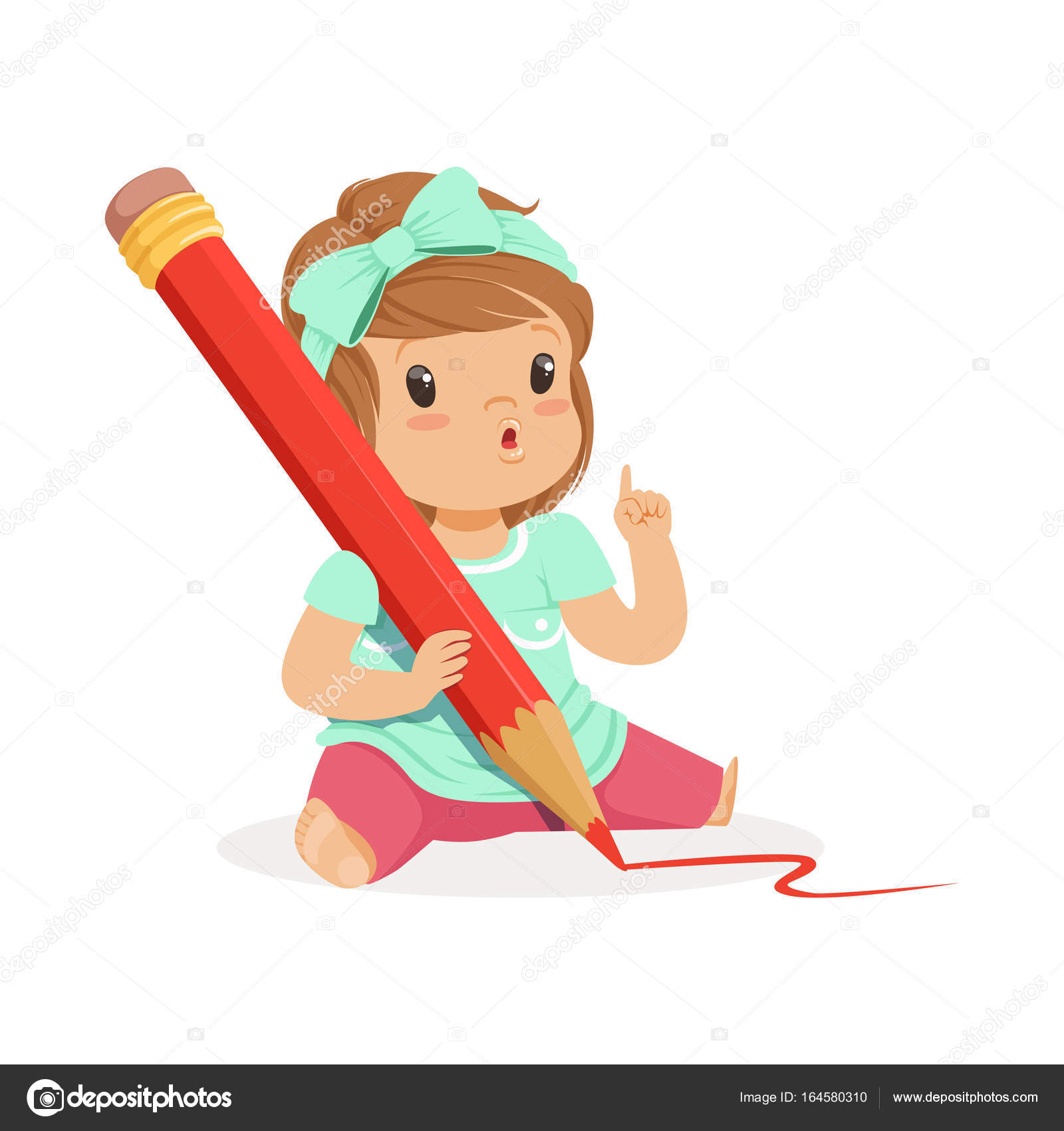 Bambina sveglia che si siede sul pavimento e scrivendo con un vettore di fumetto illustrazione di matita gigante rossa su sfondo bianco — Vettoriali di