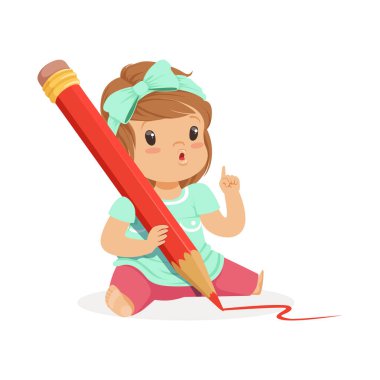 Cute little girl writing with pencil  clipart